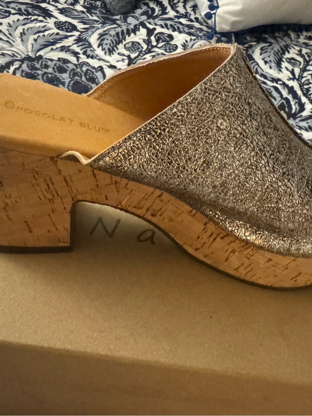 Chocolat Blu Silver Metallic Cork Heel Mule